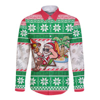 Custom Hawaii Mele Kalikimaka Long Sleeve Button Shirt Aloha Santa and Palm Tree Mix Kakau Pattern LT03 Unisex Green - Polynesian Pride