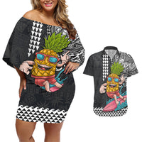 Hawaii Pineapple Surfing With Kakau Tribal Couples Matching Off Shoulder Short Dress and Hawaiian Shirt LT03 Brown - Polynesian Pride