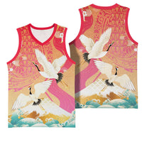 Hawaiian and Japanese Culture Together Basketball Jersey Kakau Art Tattoo with Cranes and Sakura Spring Vibe - Polynesian Pride