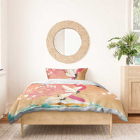 Hawaiian and Japanese Culture Together Bedding Set Kakau Art Tattoo with Cranes and Sakura Spring Vibe - Polynesian Pride