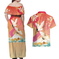 Hawaiian and Japanese Culture Together Couples Matching Off Shoulder Maxi Dress and Hawaiian Shirt Kakau Art Tattoo with Cranes and Sakura Spring Vibe - Polynesian Pride