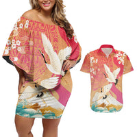 Hawaiian and Japanese Culture Together Couples Matching Off Shoulder Short Dress and Hawaiian Shirt Kakau Art Tattoo with Cranes and Sakura Spring Vibe - Polynesian Pride