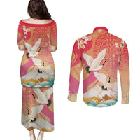 Hawaiian and Japanese Culture Together Couples Matching Puletasi and Long Sleeve Button Shirt Kakau Art Tattoo with Cranes and Sakura Spring Vibe - Polynesian Pride