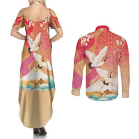 Hawaiian and Japanese Culture Together Couples Matching Summer Maxi Dress and Long Sleeve Button Shirt Kakau Art Tattoo with Cranes and Sakura Spring Vibe - Polynesian Pride