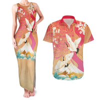 Hawaiian and Japanese Culture Together Couples Matching Tank Maxi Dress and Hawaiian Shirt Kakau Art Tattoo with Cranes and Sakura Spring Vibe LT03 Multicolor - Polynesian Pride