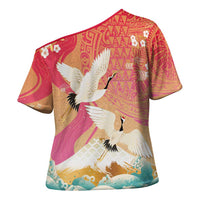 Hawaiian and Japanese Culture Together Cross Shoulder Shirt Kakau Art Tattoo with Cranes and Sakura Spring Vibe - Polynesian Pride