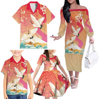 Hawaiian and Japanese Culture Together Family Matching Off The Shoulder Long Sleeve Dress and Hawaiian Shirt Kakau Art Tattoo with Cranes and Sakura Spring Vibe LT03 - Polynesian Pride