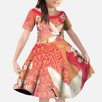 Hawaiian and Japanese Culture Together Family Matching Short Sleeve Bodycon Dress and Hawaiian Shirt Kakau Art Tattoo with Cranes and Sakura Spring Vibe LT03 Daughter's Dress Multicolor - Polynesian Pride