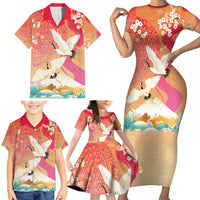 Hawaiian and Japanese Culture Together Family Matching Short Sleeve Bodycon Dress and Hawaiian Shirt Kakau Art Tattoo with Cranes and Sakura Spring Vibe LT03 - Polynesian Pride