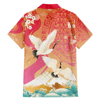 Hawaiian and Japanese Culture Together Family Matching Short Sleeve Bodycon Dress and Hawaiian Shirt Kakau Art Tattoo with Cranes and Sakura Spring Vibe LT03 - Polynesian Pride