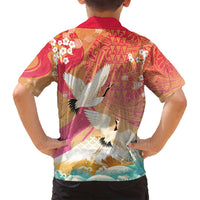 Hawaiian and Japanese Culture Together Family Matching Summer Maxi Dress and Hawaiian Shirt Kakau Art Tattoo with Cranes and Sakura Spring Vibe - Polynesian Pride