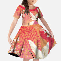 Hawaiian and Japanese Culture Together Family Matching Tank Maxi Dress and Hawaiian Shirt Kakau Art Tattoo with Cranes and Sakura Spring Vibe LT03 Daughter's Dress Multicolor - Polynesian Pride