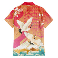 Hawaiian and Japanese Culture Together Hawaiian Shirt Kakau Art Tattoo with Cranes and Sakura Spring Vibe - Polynesian Pride