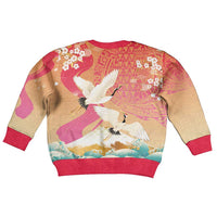 Hawaiian and Japanese Culture Together Kid Ugly Christmas Sweater Kakau Art Tattoo with Cranes and Sakura Spring Vibe - Polynesian Pride