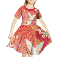 Hawaiian and Japanese Culture Together Kid Short Sleeve Dress Kakau Art Tattoo with Cranes and Sakura Spring Vibe - Polynesian Pride