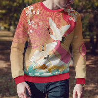 Hawaiian and Japanese Culture Together Ugly Christmas Sweater Kakau Art Tattoo with Cranes and Sakura Spring Vibe - Polynesian Pride