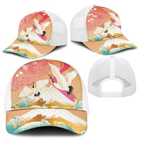 Hawaiian and Japanese Culture Together Mesh Trucker Cap Kakau Art Tattoo with Cranes and Sakura Spring Vibe - Polynesian Pride