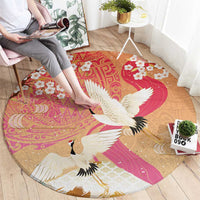 Hawaiian and Japanese Culture Together Round Carpet Kakau Art Tattoo with Cranes and Sakura Spring Vibe - Polynesian Pride