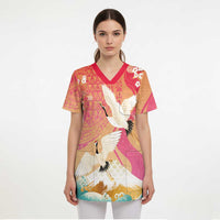 Hawaiian and Japanese Culture Together Scrub Top Kakau Art Tattoo with Cranes and Sakura Spring Vibe - Polynesian Pride