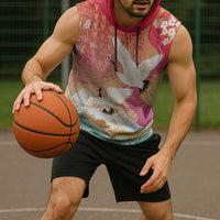 Hawaiian and Japanese Culture Together Sleeveless Hoodie Kakau Art Tattoo with Cranes and Sakura Spring Vibe - Polynesian Pride