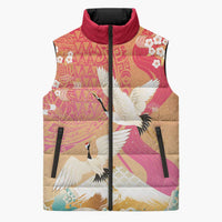 Hawaiian and Japanese Culture Together Sleeveless Puffer Jacket Kakau Art Tattoo with Cranes and Sakura Spring Vibe - Polynesian Pride