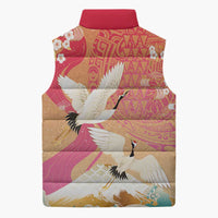 Hawaiian and Japanese Culture Together Sleeveless Puffer Jacket Kakau Art Tattoo with Cranes and Sakura Spring Vibe - Polynesian Pride