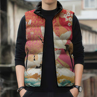 Hawaiian and Japanese Culture Together Sleeveless Puffer Jacket Kakau Art Tattoo with Cranes and Sakura Spring Vibe - Polynesian Pride