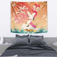 Hawaiian and Japanese Culture Together Tapestry Kakau Art Tattoo with Cranes and Sakura Spring Vibe - Polynesian Pride