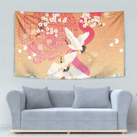 Hawaiian and Japanese Culture Together Tapestry Kakau Art Tattoo with Cranes and Sakura Spring Vibe - Polynesian Pride