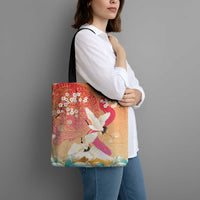 Hawaiian and Japanese Culture Together Tote Bag Kakau Art Tattoo with Cranes and Sakura Spring Vibe - Polynesian Pride