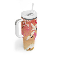 Hawaiian and Japanese Culture Together Tumbler With Handle Kakau Art Tattoo with Cranes and Sakura Spring Vibe - Polynesian Pride
