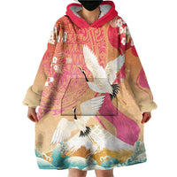 Hawaiian and Japanese Culture Together Wearable Blanket Hoodie Kakau Art Tattoo with Cranes and Sakura Spring Vibe - Polynesian Pride