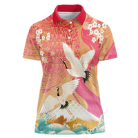 Hawaiian and Japanese Culture Together Women Polo Shirt Kakau Art Tattoo with Cranes and Sakura Spring Vibe LT03 Female Multicolor - Polynesian Pride