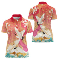 Hawaiian and Japanese Culture Together Women Polo Shirt Kakau Art Tattoo with Cranes and Sakura Spring Vibe LT03 - Polynesian Pride