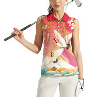 Hawaiian and Japanese Culture Together Women Sleeveless Polo Shirt Kakau Art Tattoo with Cranes and Sakura Spring Vibe - Polynesian Pride