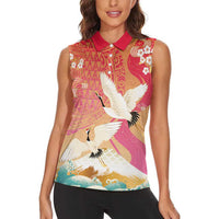 Hawaiian and Japanese Culture Together Women Sleeveless Polo Shirt Kakau Art Tattoo with Cranes and Sakura Spring Vibe - Polynesian Pride