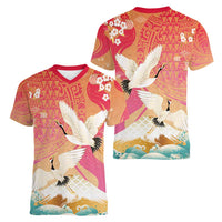Hawaiian and Japanese Culture Together Women V-Neck T-Shirt Kakau Art Tattoo with Cranes and Sakura Spring Vibe - Polynesian Pride