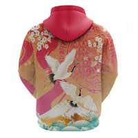 Hawaiian and Japanese Culture Together Zip Hoodie Kakau Art Tattoo with Cranes and Sakura Spring Vibe - Polynesian Pride
