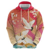 Hawaiian and Japanese Culture Together Zip Hoodie Kakau Art Tattoo with Cranes and Sakura Spring Vibe - Polynesian Pride