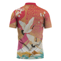 Hawaiian and Japanese Culture Together Zipper Polo Shirt Kakau Art Tattoo with Cranes and Sakura Spring Vibe LT03 - Polynesian Pride