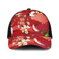 Hawaiian and Japanese Culture Together Baseball Net Cap Red Ohia Lehua Plumeria and Sakura Blooming LT03 One Size Black Red - Polynesian Pride