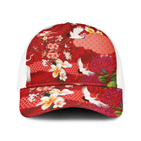 Hawaiian and Japanese Culture Together Baseball Net Cap Red Ohia Lehua Plumeria and Sakura Blooming - Polynesian Pride