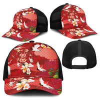 Hawaiian and Japanese Culture Together Baseball Net Cap Red Ohia Lehua Plumeria and Sakura Blooming - Polynesian Pride