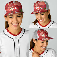 Hawaiian and Japanese Culture Together Baseball Net Cap Red Ohia Lehua Plumeria and Sakura Blooming - Polynesian Pride
