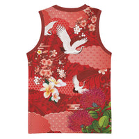 Hawaiian and Japanese Culture Together Basketball Jersey Red Ohia Lehua Plumeria and Sakura Blooming - Polynesian Pride