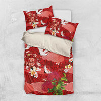Hawaiian and Japanese Culture Together Bedding Set Red Ohia Lehua Plumeria and Sakura Blooming - Polynesian Pride