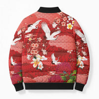 Hawaiian and Japanese Culture Together Bomber Puffer Jacket Red Ohia Lehua Plumeria and Sakura Blooming - Polynesian Pride