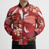 Hawaiian and Japanese Culture Together Bomber Puffer Jacket Red Ohia Lehua Plumeria and Sakura Blooming - Polynesian Pride