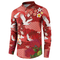Hawaiian and Japanese Culture Together Button Sweatshirt Red Ohia Lehua Plumeria and Sakura Blooming - Polynesian Pride