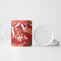 Hawaiian and Japanese Culture Together Ceramic Mug Red Ohia Lehua Plumeria and Sakura Blooming - Polynesian Pride